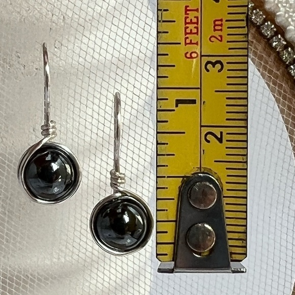 Hematite Silver Wire Wrapped Minimalist Earrings - Picture 5 of 11